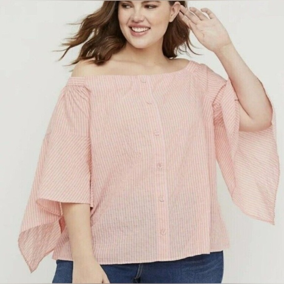 Lane Bryant Orange & Pink Striped Off The Shoulder Bell Sleeve Top Size 18/20 - Picture 1 of 9